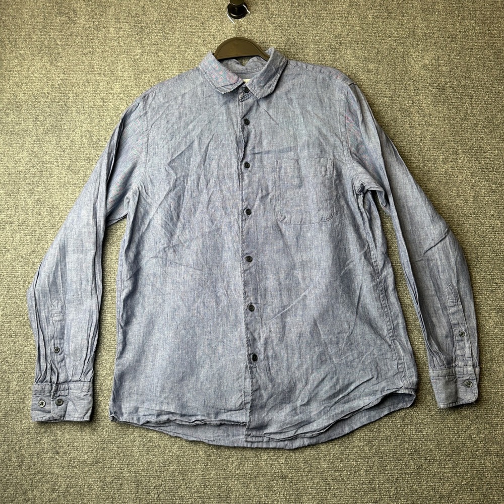 Uniqlo Linen Shirt Mens L Blue Long Sleeve Button Up‎ Casual Summer Lightweight